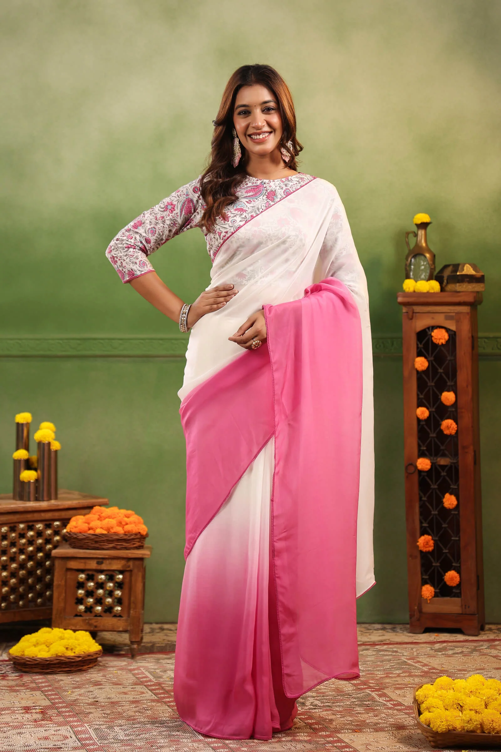 Rosy Pink Ombre Organza Saree with Printed Blouse Fabric - Image 3